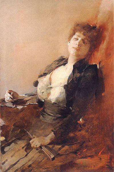 Franciszek zmurko Portrait of a woman with a fan and a cigarette oil painting picture